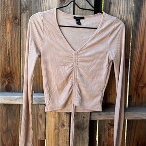 Cropped Beige Long Sleeve Ruched Top